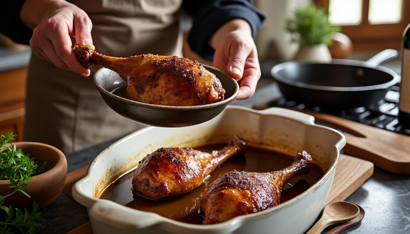 découvrez une recette raffinée de canard confit accompagné d'une sauce au foie gras pour sublimer vos repas et impressionner vos invités.