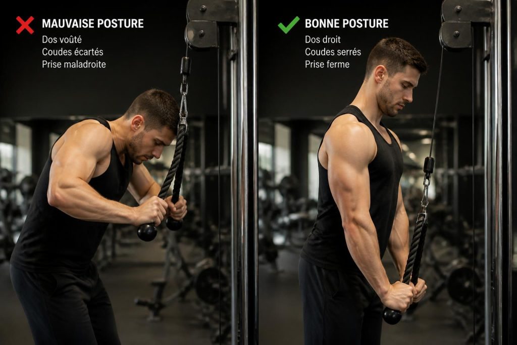 découvrez les erreurs courantes lors des exercices d'extensions des triceps à la poulie haute et apprenez comment les corriger pour maximiser vos résultats et éviter les blessures.