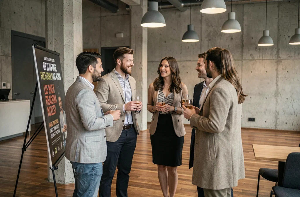 Groupe d'amis devant une affiche d'événement culturel dans une salle de spectacle contemporaine à Strasbourg