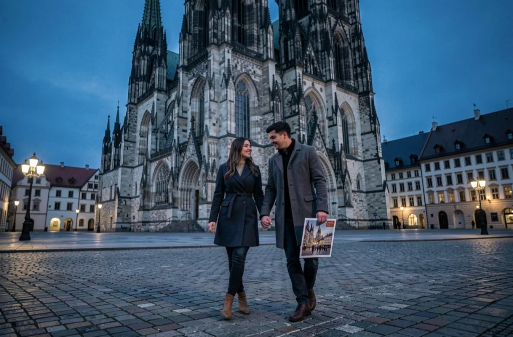 Couple de jeunes adultes consultant un programme de sorties devant la cathédrale Notre-Dame de Strasbourg au crépuscule