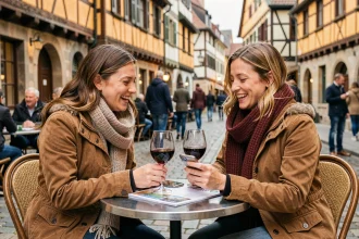 Deux femmes consultent un agenda d'événements sur smartphone en terrasse à Strasbourg près de la Petite France
