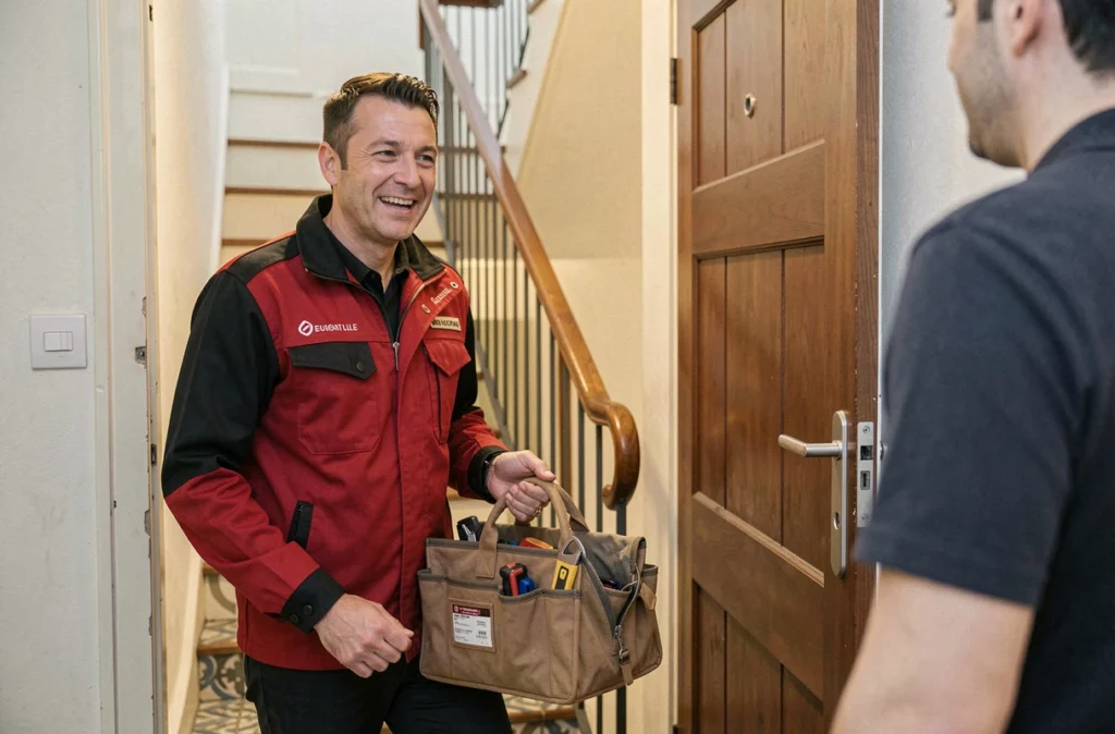Technicien Allo-Serrurier Lille arrivant en urgence avec sa mallette d'outils devant une porte d'appartement