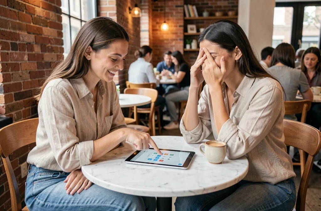 Deux amies jouant à Cemantix dans un café en utilisant des indices pour deviner le mot sans se spoiler