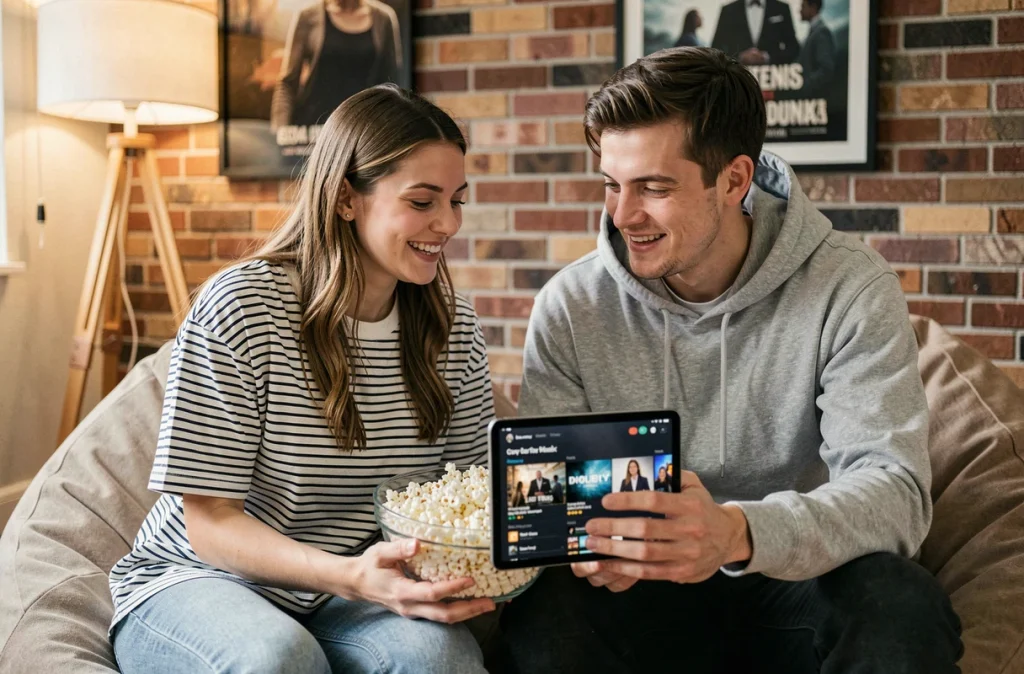 Deux amis choisissant un film à regarder ensemble sur une tablette dans un appartement moderne