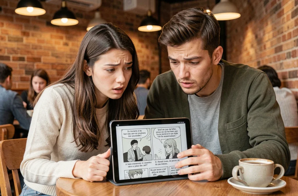 Deux amis consultant ensemble un site de scans manga en français sur une tablette dans un café