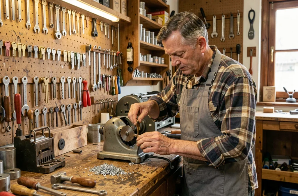 Artisan serrurier des Ateliers-Serrurier Lille découpant une clé sur une machine traditionnelle dans son atelier