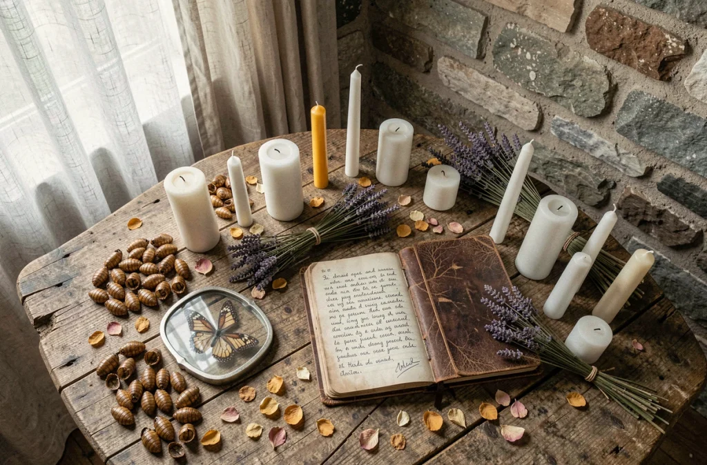 Autel rituel personnel avec chrysalides séchées, ailes de papillon encadrées, bougies blanches et journal manuscrit sur une table en bois rustique