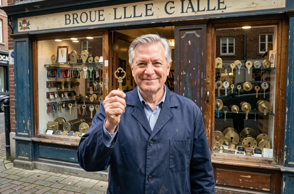 Maître serrurier de la Bocquet Serrurerie tenant une clé ornementale devant la façade de sa boutique traditionnelle à Lille