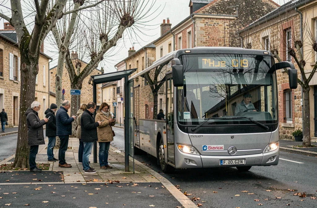 Bus régional à l'arrêt avec des passagers attendant sur le trottoir dans une ville française en automne