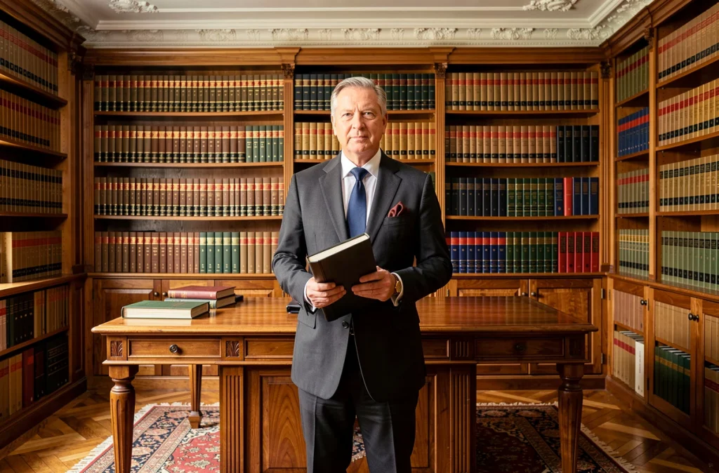 Maître Draï, avocat généraliste à Lyon, dans son cabinet traditionnel entouré de livres juridiques