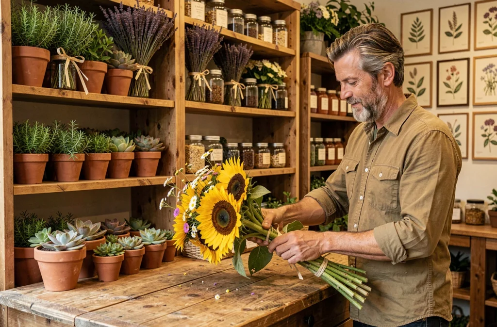 Intérieur chaleureux du Comptoir Nature avec des plantes en pot, des herbes aromatiques et des bouquets sauvages sur des étagères en bois recyclé