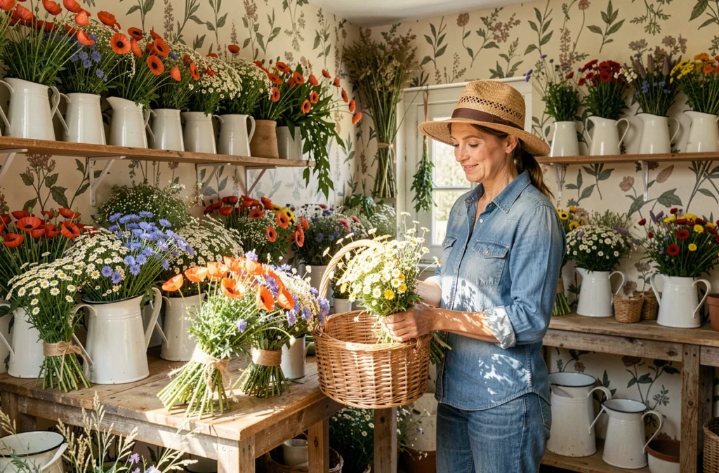 Boutique artisanale Coquelicot et Camomille avec des bouquets de fleurs sauvages comme des coquelicots et des marguerites dans des cruches émaillées sur fond de papier peint botanique