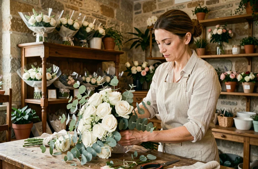 Fleuriste femme arrangeant un bouquet de mariée blanc dans la boutique Corté Fleuriste avec des murs en pierre apparente