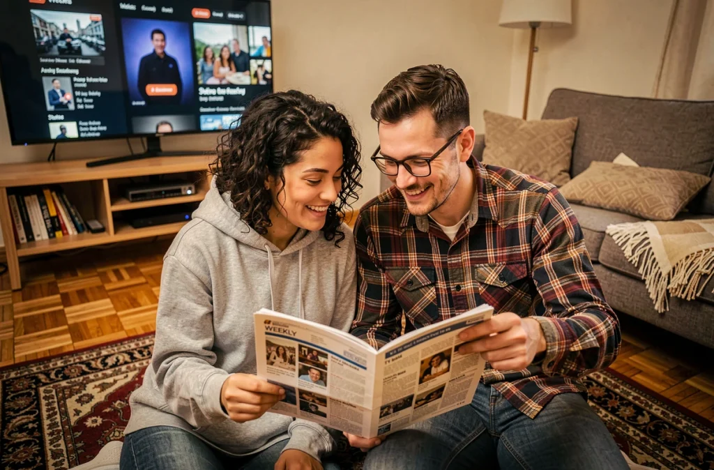 Couple choisissant ensemble leur programme TV du soir avec le guide Télé Z