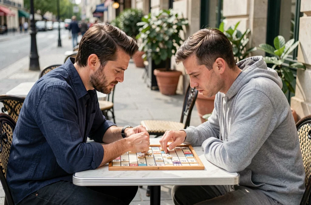 Deux hommes jouant une partie de Scrabble compétitive en terrasse de café avec des tuiles de lettres sur le plateau