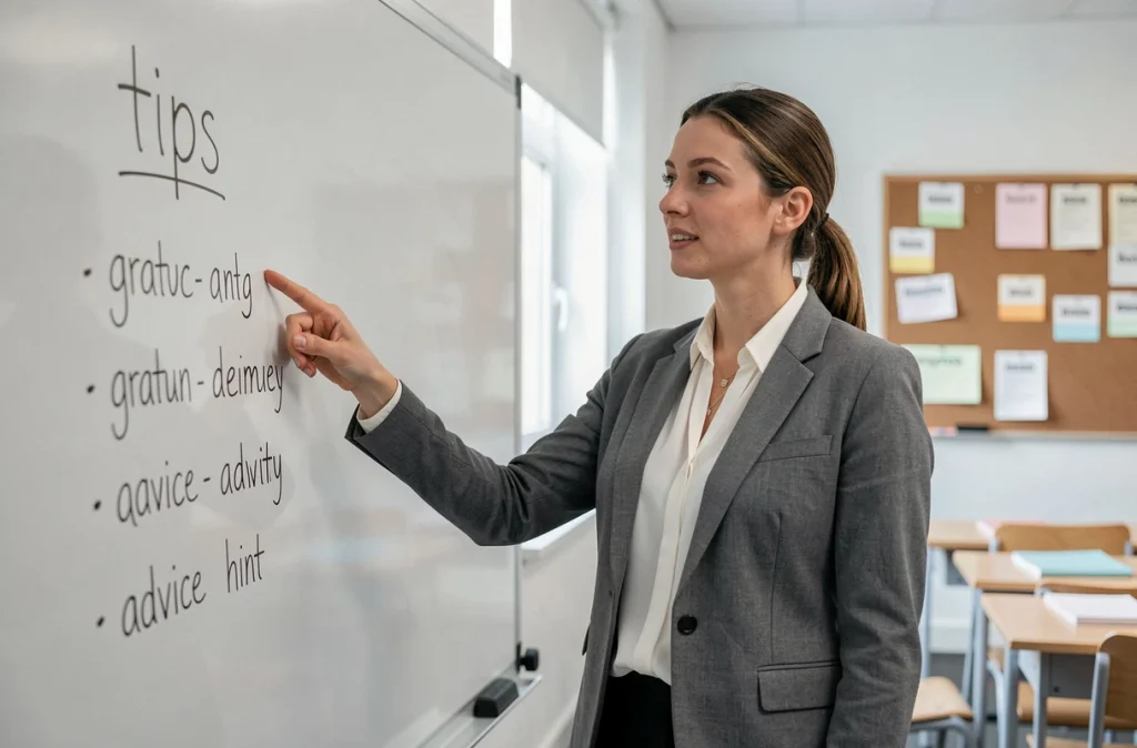 Enseignante d'anglais expliquant les différents sens du mot tips devant un tableau blanc en salle de classe moderne