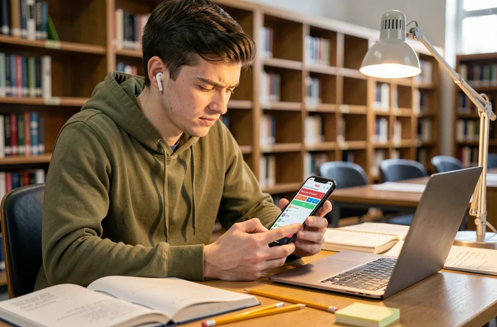 Étudiant consultant les paramètres de Pedantix sur iPhone dans une bibliothèque universitaire pour optimiser sa vitesse de jeu