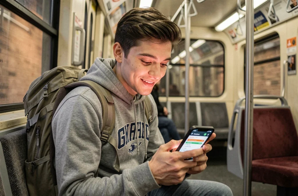 Étudiant consultant l'itinéraire de la ligne 9 sur son smartphone dans le métro parisien