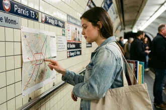 Étudiante consultant un plan du métro ligne 9 dans une station parisienne