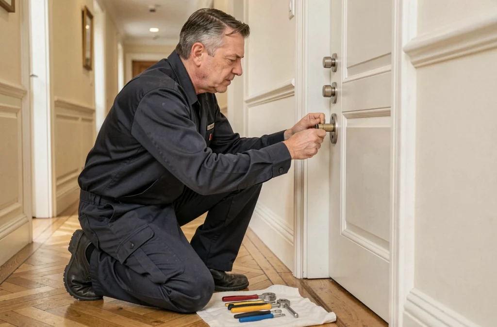 Technicien Fabian Müller Serrurerie installant un cylindre haut de gamme sur une porte d'appartement luxueux