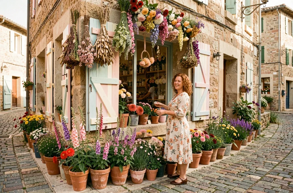 Boutique de fleurs féerique Les Fées des Fleurs avec des guirlandes de fleurs séchées et une devanture colorée sur une rue pavée occitane