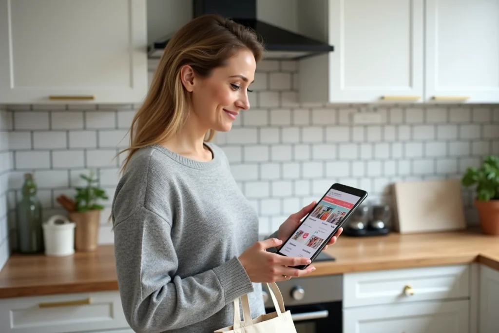 Femme dans une cuisine moderne comparant des offres promotionnelles et codes promo Hacoo SaraMart sur une tablette