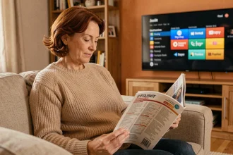 Femme consultant le guide TV Télé Z pour choisir son programme TNT du soir