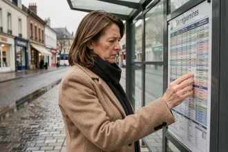Femme consultant un horaire de bus affiché à l'arrêt de bus de Sarreguemines par temps couvert