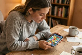 Femme jouant à 4 Images 1 Mot sur smartphone, cherchant un mot de 9 lettres