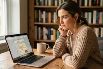 Femme réfléchissant devant un jeu de mots sur ordinateur portable, utilisant des indices sans se spoiler