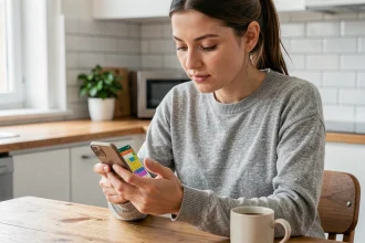 Jeune femme jouant à Pedantix sur son smartphone posé dans ses mains à une table de cuisine moderne