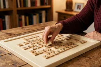 Femme jouant au Scrabble et posant une tuile de lettre sur un plateau de jeu en bois dans un salon chaleureux