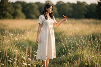 Femme en robe de lin ivoire tenant un papillon monarque du bout des doigts dans une prairie fleurie, symbolisant la renaissance et la transformation spirituelle