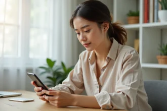 Femme utilisant son smartphone pour rechercher des codes promo Hacoo SaraMart sur une application d'achat en ligne