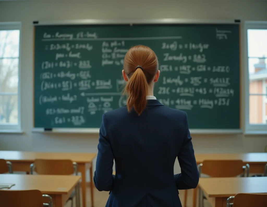 Femme devant un tableau avec des chiffres romains écrits à la craie et des explications de conversion