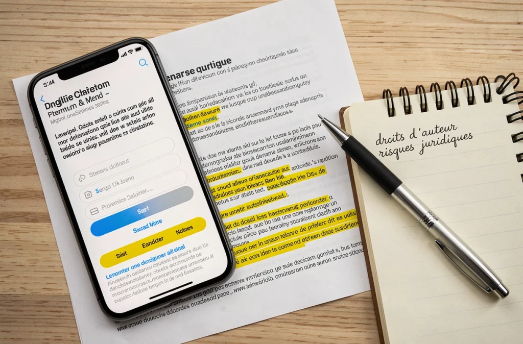 Vue aérienne d'un bureau avec smartphone, documents légaux annotés et notes manuscrites sur les risques juridiques du streaming