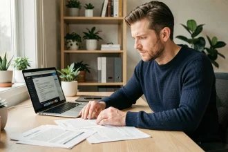 Homme consultant des documents légaux sur l'utilisation d'un service de streaming en 2026 à son bureau à domicile