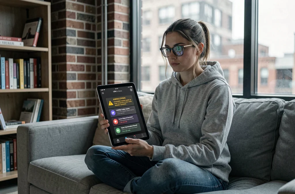 Jeune femme vérifiant les avertissements légaux d'une application de streaming sur tablette dans un appartement moderne