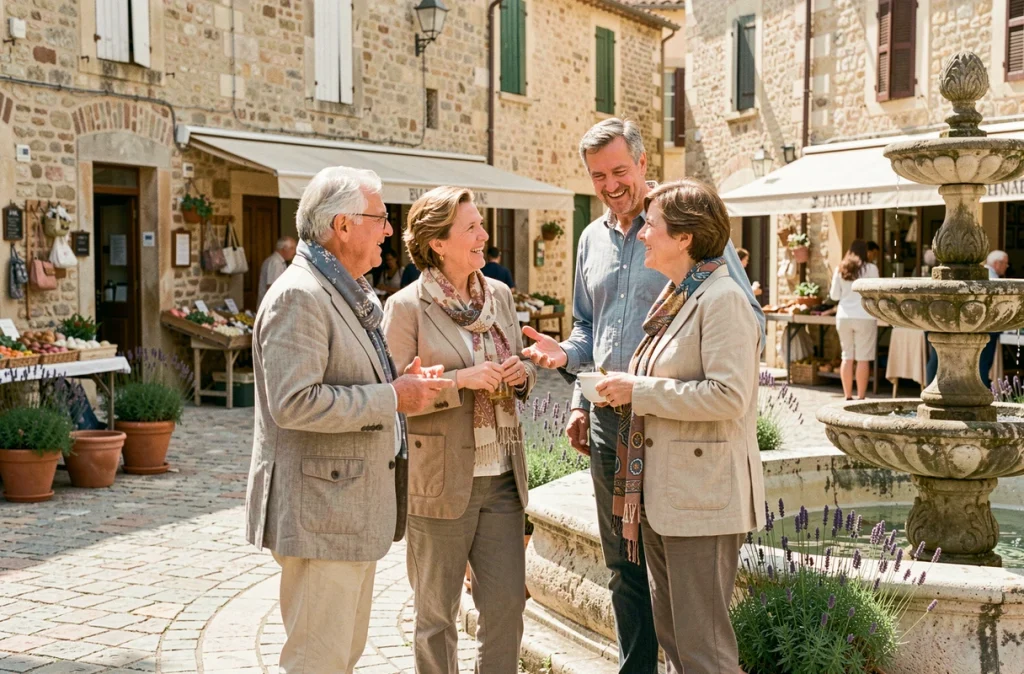 Groupe d'amis d'âge mûr en discussion animée sur une place de village provençale ensoleillée