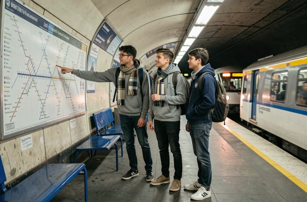 Groupe d'étudiants devant un plan du métro parisien sur le quai de la ligne 9