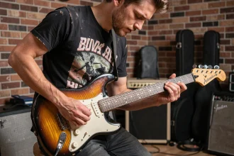 Guitariste masculin jouant l'accord B7 sur une guitare électrique sunburst dans un studio de répétition aux murs en briques