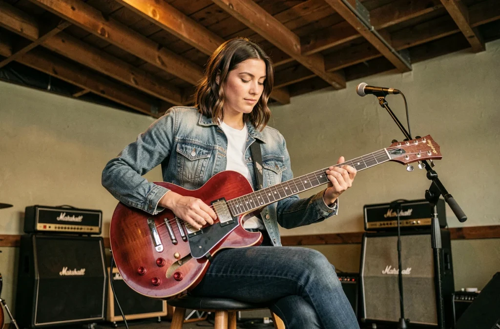 Guitariste féminine jouant un accord B7 sur une guitare électrique rouge cerise dans un petit club de musique vintage