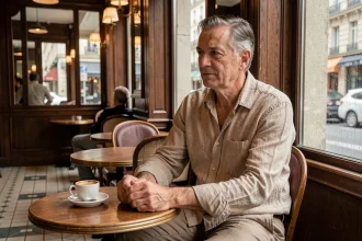 Portrait d'un homme d'âge mûr pensif assis dans un café parisien, évoquant la discrétion et le passage du temps