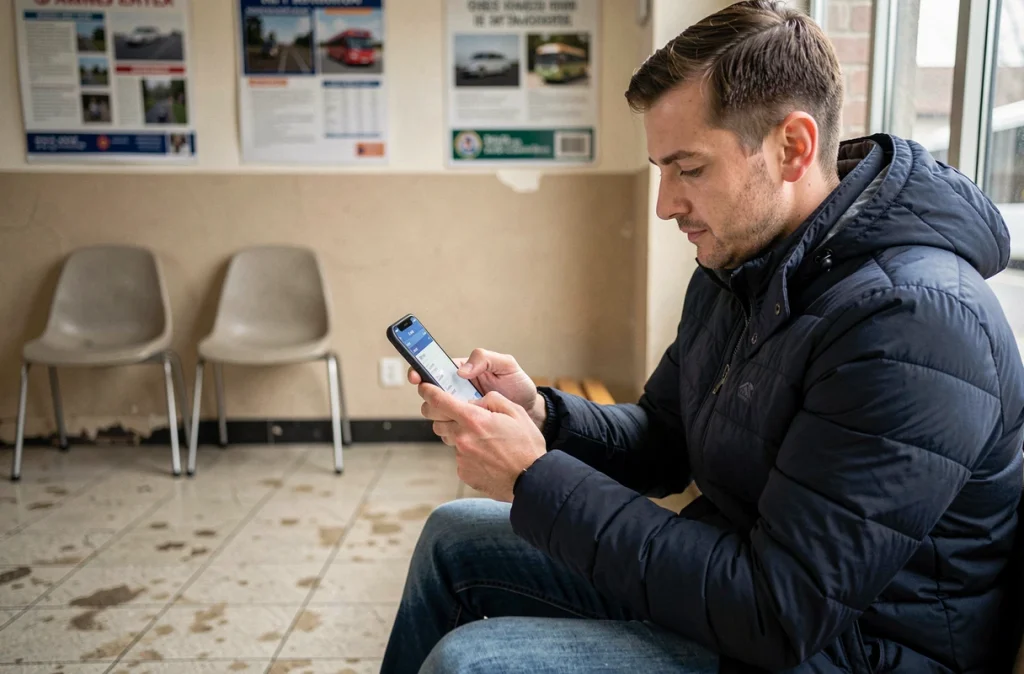 Homme consultant les horaires de bus sur smartphone dans une gare routière en France