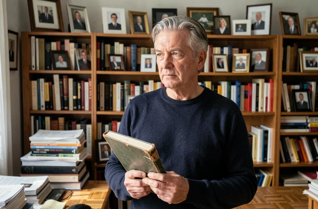 Homme aux cheveux grisonnants dans un bureau personnel chargé de livres, tenant un carnet et regardant au loin avec une expression pensive