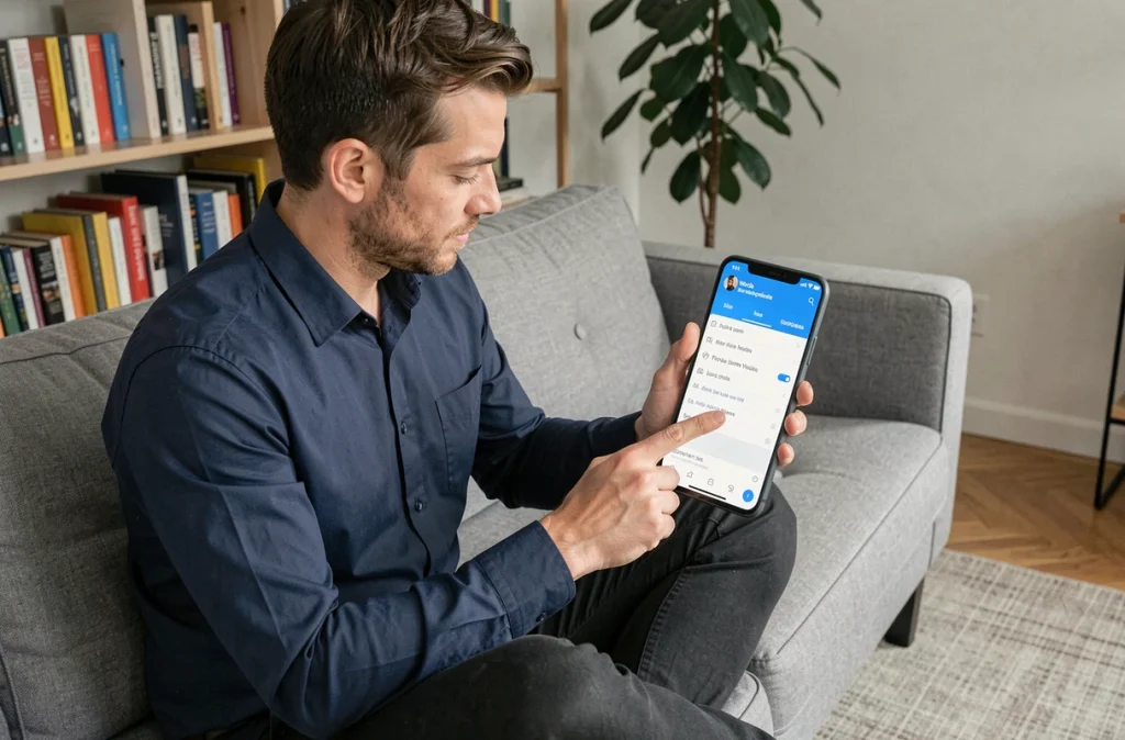 Homme configurant les paramètres de Pedantix sur un grand smartphone Android dans un salon minimaliste