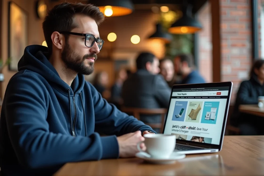 Homme consultant un site de codes de réduction SaraMart sur son ordinateur portable dans un café