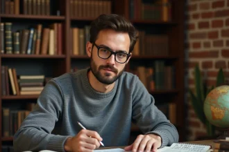 Homme consultant des notes manuscrites sur les chiffres romains et leur conversion étape par étape