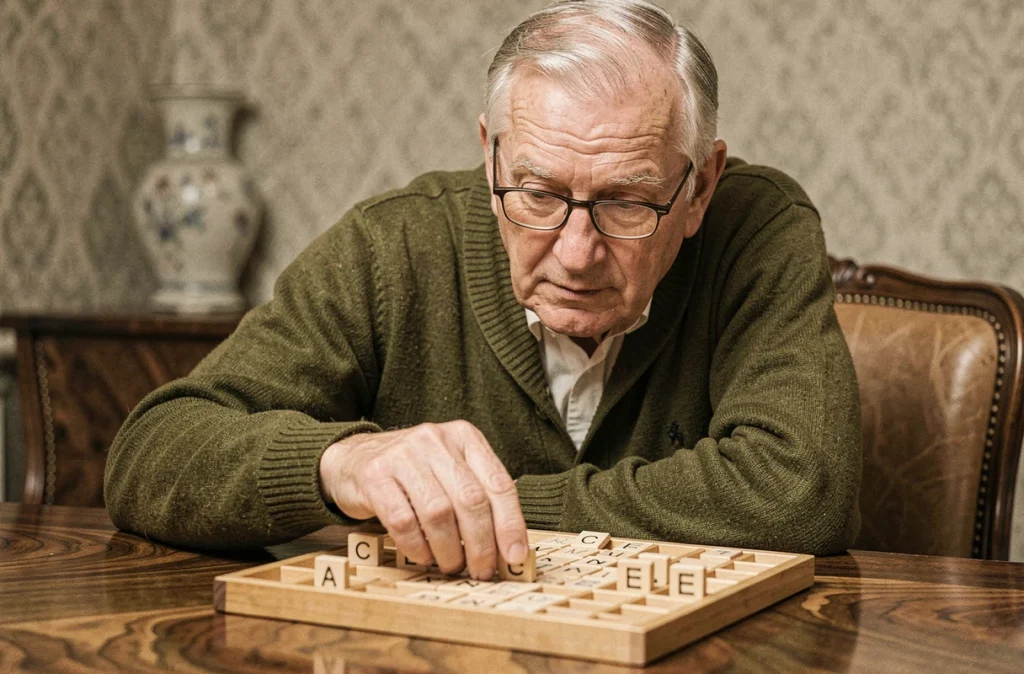 Homme âgé réfléchissant à sa stratégie au Scrabble avec des tuiles ACE visibles sur son chevalet en bois