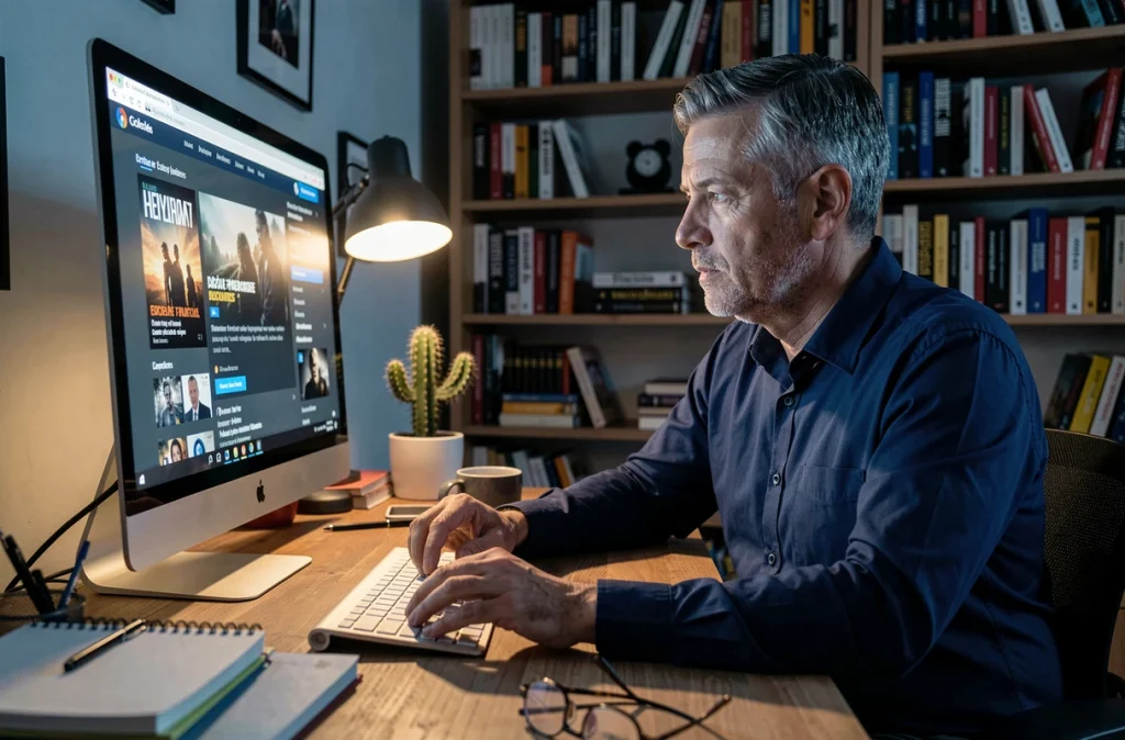 Homme d'âge mûr explorant un site de films en ligne depuis son bureau à domicile